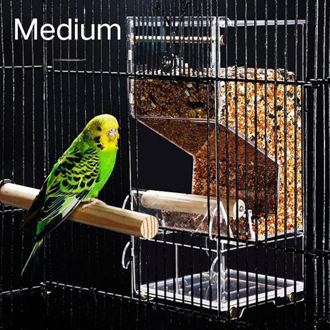 Automatic Bird Feeder, No Mess, Transparent Acrylic, Reducing Waste, Bird Cage Accessories for Parakeet, Canary, Cockatiel, Finch, Conure (Medium)