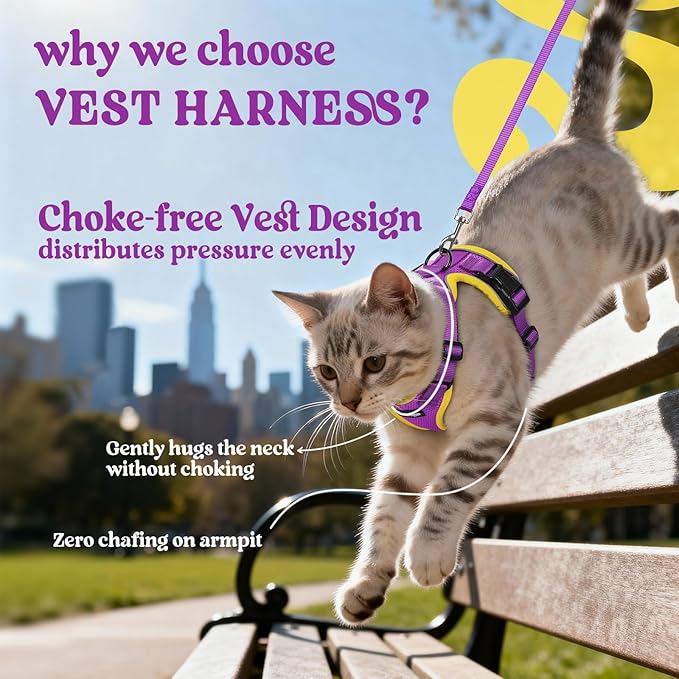 rabbitgoo Cat Harness and Leash for Walking, Escape Proof Soft Adjustable Vest Harnesses for Cats, Easy Control Breathable Reflective Strips Jacket, Purple&Yellow, M