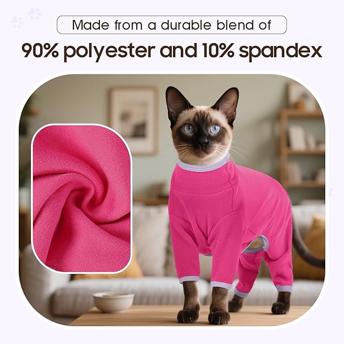 DENTRUN Cat Clothes for Hair Control with Hair Sticky Fabric - Soft Recovery Suit & Breathable Lint-Resistant Cat Sweater for Cats Only, Kitten Onesie Pajamas, XS, Bright Pink