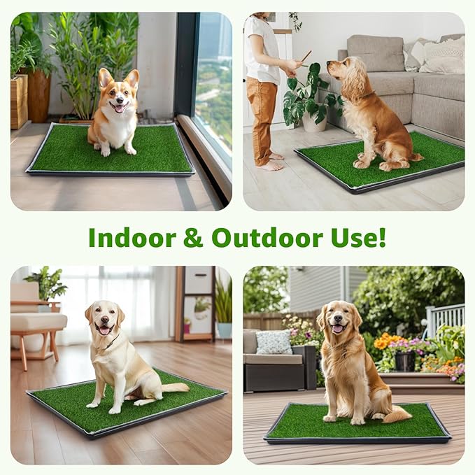 Dog Grass Pad with Tray - 35''x23'' Portable Dog Litter Box with 2 Pack Hemmed Edge Artificial Grass Patch + 2 Washable Reusable Pee Pads, Indoor Outdoor Fake Grass Pad for Dogs Potty
