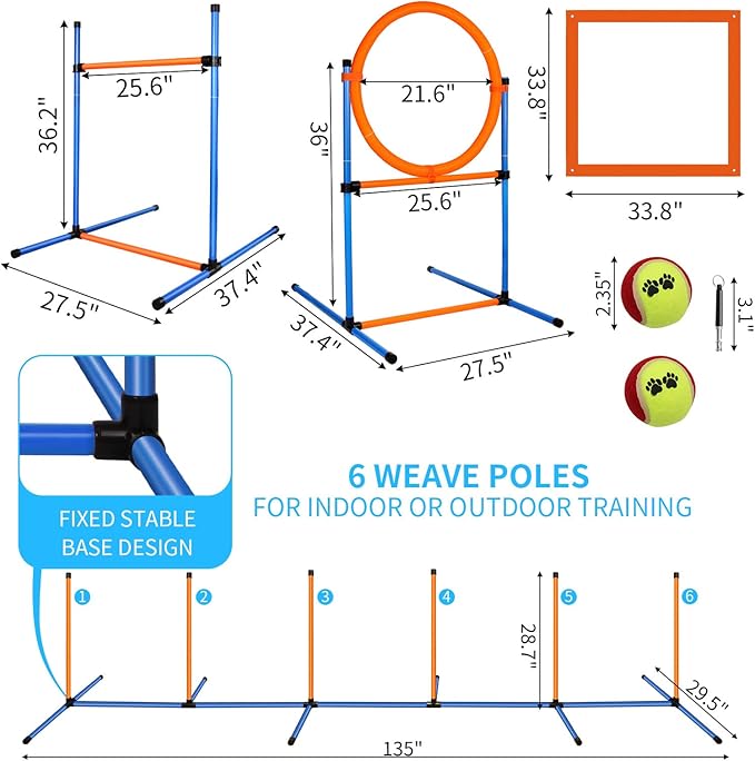Dog Agility Training Equipment, 72-Piece Obstacle Course Training Starter Kit Indoor Outdoor Game for Dogs with Agility Hurdle, Jump Ring, Weave Poles, Pause Box, Toy Balls and Storage Bag