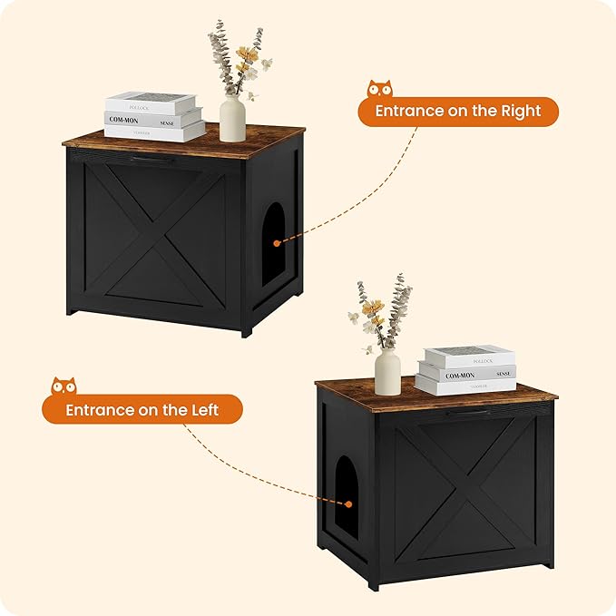 Dwanton Cat Litter Box Furniture Hidden, Cat Litter Box Enclosure, Reversible Entrance Can Be on Left or Right Side, Indoor Cabinet, Wooden Washroom, Nightstand, Black and Rustic Brown, 23.6" L