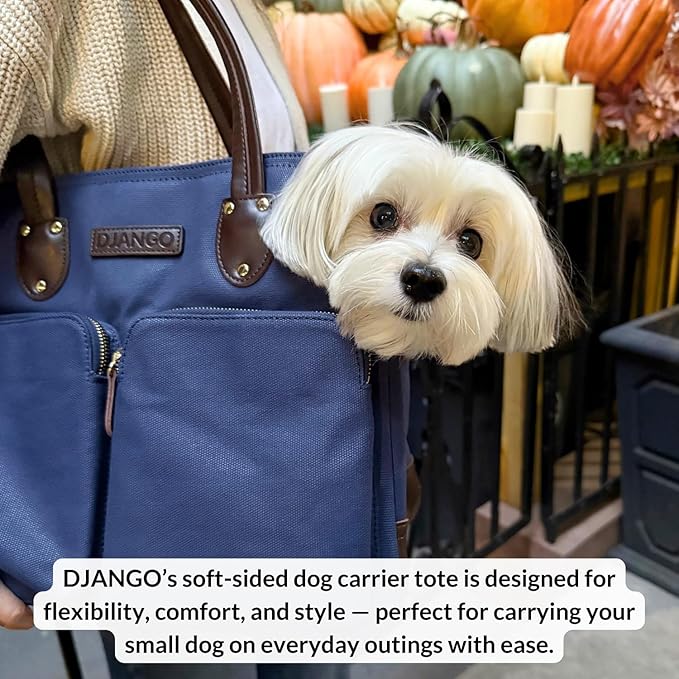 DJANGO Waxed Canvas & Leather Dog Carrier Tote Bag – Premium Soft-Sided Travel Dog Purse with Safety Leash, WR Lining, & Large Zipper Pockets – Everyday Pet Carrier for Small Dogs (Navy Blue, Medium)
