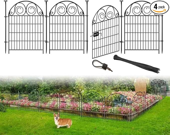 Tall Garden Fencing Animal Barrier with Gate, 32 Inch(H) 4 Panels Dog Fence Outdoor for Yard, Total Length 8.8 Ft Decorative Fence for Garden│Patented
