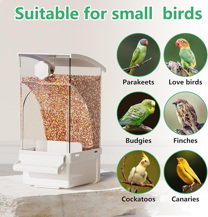Hamiledyi 2Pcs Automatic Birds Feeder No Mess Bird Cage Feeder Transparent Acrylic Parrot Seed Food Container with Perch Bird Cage Accessories for Parakeet Finch Lovebirds Budgies Canary (White)
