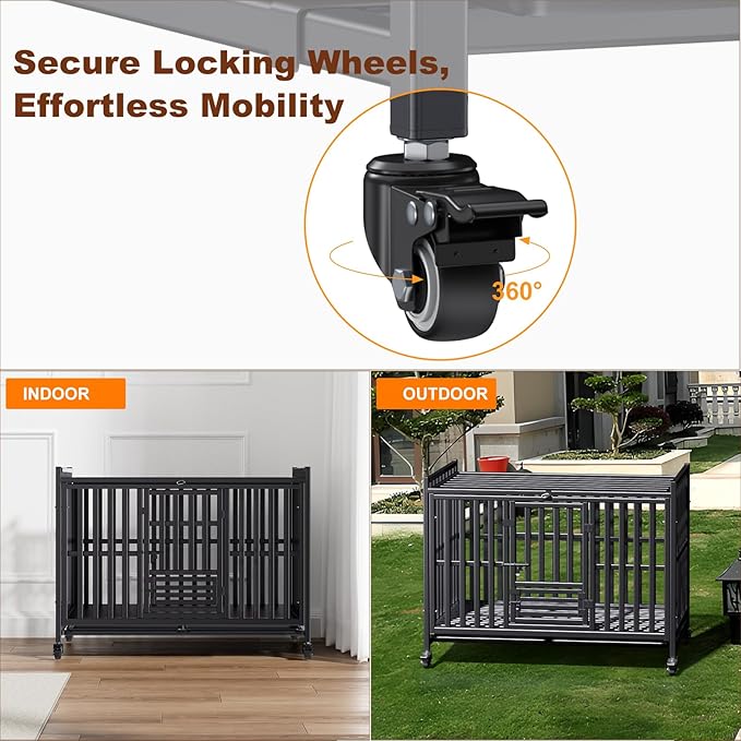Heavy Duty Dog Crate, Reinforced Thickened Steel Frame Indestructible Kennel for Large & High Anxiety Dogs, Escape Proof Design with 3 Doors, 4 Lockable Wheels and 2 Removable Trays (48inch)