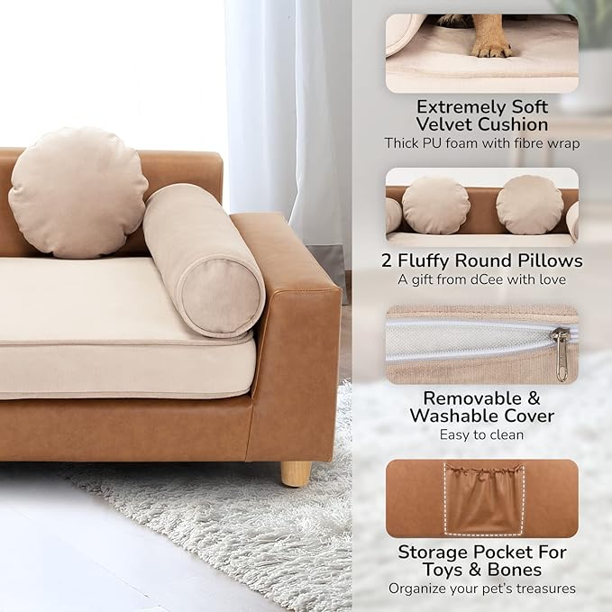 dCee Luxury Dog Sofa Bed, Luxury 42" Leather Pet Couch for Large Dogs, Washable Velvet Cushion, Sturdy Wooden Frame, Anti-Slip Design, Joint Support, Comfortable and Stylish for Pets Up to 160 Lbs