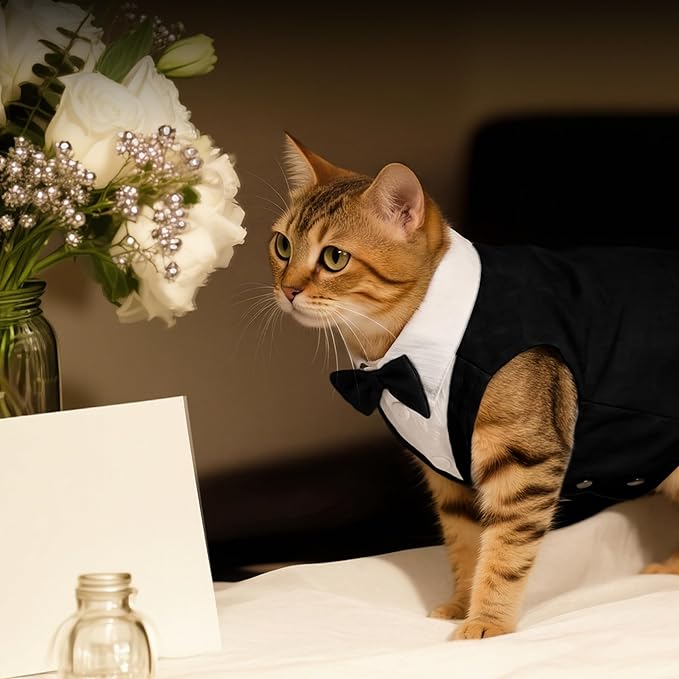 PUMYPOREITY Cat Tuxedo Suit Formal Wear with Bow Tie, Soft Skin-Friendly Cat Costumes for Cats Only, Elegant Outfit for Male Female Cats, Perfect for Wedding Birthday Photo Shoots, 2XL, Black