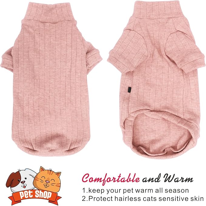 Idepet Sphynx Hairless Cats Sweater Shirt Kitten Soft Puppy Clothes Pullover Cute Cat Pajamas Jumpsuit Cotton Apparel Pet Winter Turtleneck for Cats and Teacup Chihuahua Small Dogs(Pink,S)