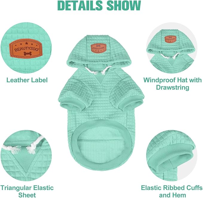 BEAUTYZOO Small Dog Hoodie Sweater with Pockets, Dog Clothes for Small Medium Dogs Boy Girl, Waffle-Like Laminated Cotton Pet Coats with Hat and Leash Hole, Mint Green ML