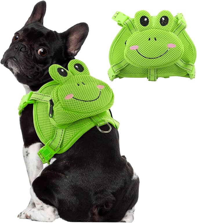 Dog Harness with Backpack, Adjustable Dog Backpack Harness for Small Medium Dogs, No-Pull Breathable Backpacks for Dogs to Wear, for Traveling, Hiking, Camping, Training, Green Frog S