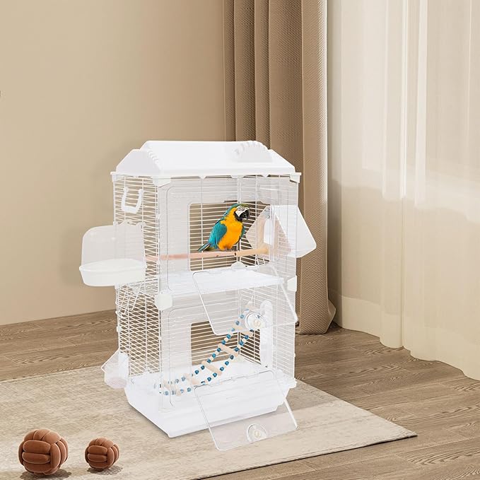 Two-Tier Bird Cage White Medium Flight Cage for Small Birds Parakeets Canaries Finches, Acrylic Front Panel with Ladder Food Cups Bath Box, 15.7x11x28 Inches Free Standing Aviary(B)