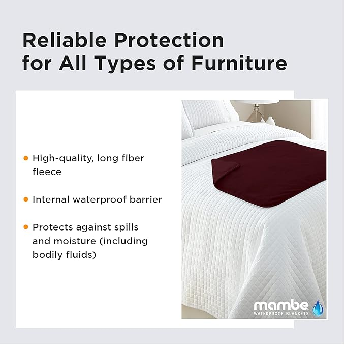 Mambe Silky Waterproof Throw for Protecting Furniture Bed Couch from Stains Caused by Dogs, Cats, Incontinence. Soft, Washable, Reversible. (Size Large 70x90 inches, Color Merlot)