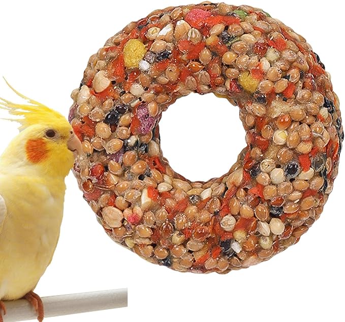 Parakeet Foraging Toy - Donut Grain Teether Bird Treat, Natural Enrichment Activity Toy | Fun Edible Toyy for Lovebirds Aviary Birds Small Parrots Play Chewing Exercise Entertainment