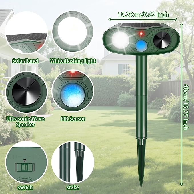 2026 Racoon Squirrel Sonic Fortress Pro Rabbit Repellent Outdoor, Solar Ultrasonic Animal Repeller Deer Deterrent with Motion Sensor&Flash Light to Scare Cat Skunk Dog Out of Garden Farm Yard(4Pack)