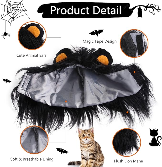 Cat Halloween Costumes- Black Lion Mane Wig Pet Costumes Hat for Halloween Christmas Dress Up Accessories Decoration for Kitten Cats, Size S