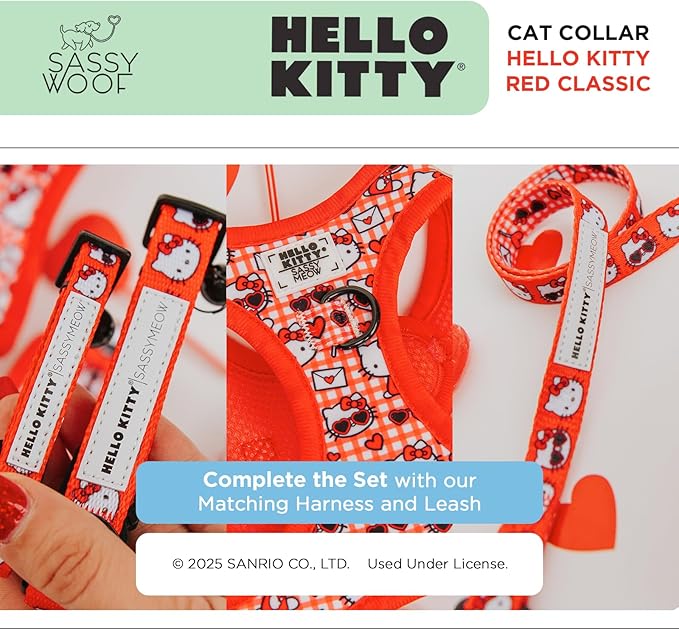Sassy Woof Cat Collar Hello Kitty® Red Classic - M, Adjustable, Durable, Comfortable, Patented Design and Stylish Pet Accessories for Medium Cats