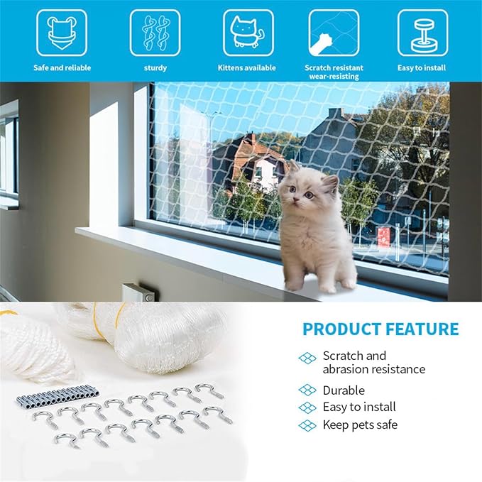 Balcony Screen for Pets,Cat Netting Balcony,Anti-Fall Pet Mesh Fence,Bite Tear Resistant,Dogs&Cat Safety Net for Balcony, Window, Stair, Patio,Anti Bird Netting for Garden/Balcony (6.56*10 ft)