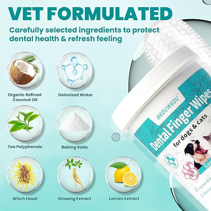Dental Care Finger Wipes 120 Counts,Teeth Cleaning Finger Wipes for Dogs & Cats,Reduces Plaque & Supports Oral Freshness, Coconut Scent