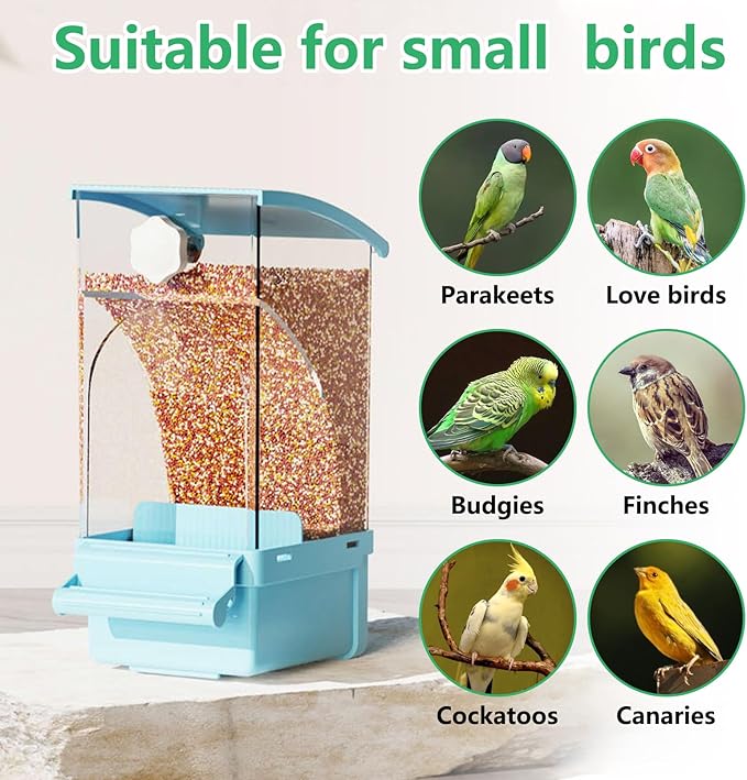 Hamiledyi 2Pcs Automatic Birds Feeder No Mess Bird Cage Feeder Transparent Acrylic Parrot Seed Food Container with Perch Bird Cage Accessories for Parakeet Finch Lovebirds Budgies Canary (Blue)