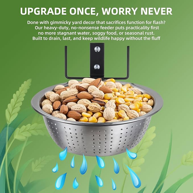 2 Pack Squirrel Feeders, Add 2 Colander Bowls (Each 8.5"/1.4L) for Replacement, Dual Corn Cob Spikes for Multi-Food, Metal Squirrel Feeders for Outside, Removable Bowl Nice to Clean/Refill