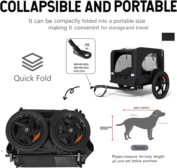 Collapsible Pet Bike Trailer, Portable Dog Bicycle Trailer with Enhanced Safety Design, Weatherproof & Ventilated Pet Carrier for Small to Medium Pets Up to 66 lbs (Black)
