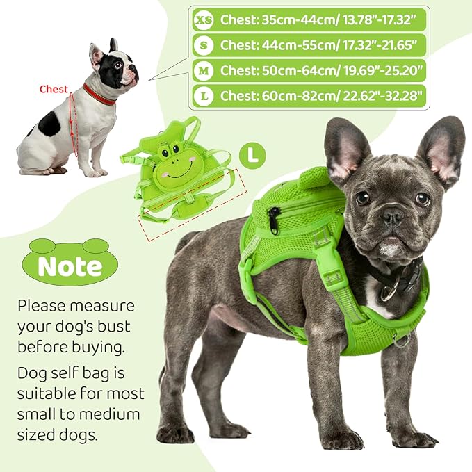 Dog Harness with Backpack, Adjustable Dog Backpack Harness for Small Medium Dogs, No-Pull Breathable Backpacks for Dogs to Wear, for Traveling, Hiking, Camping, Training, Green Frog M