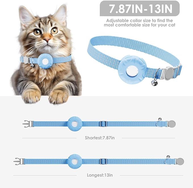 Smart Cat GPS Tracker, Cat Tracker Collar with Safety Elastic Buckle, Compatible with Apple Find My App (Only iOS), No Monthly Fee, Waterproof (White Tracker, Blue Cat Collar)