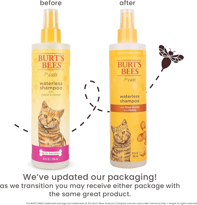 BURT'S BEES FOR PETS Waterless Cat Shampoo Spray, No-Rinse Cat Dry Shampoo with Shea Butter & Honey for Gentle Cleaning Between Baths, pH Balanced, No Harsh Detergents, 10 Fl Oz - 2 Pack