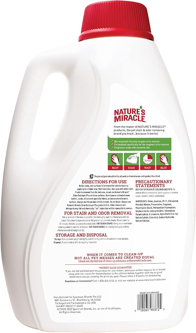 Nature's Miracle Urine Destroyer Plus for Cats, Unscented, Enzymatic Formula for Severe Cat Urine Stains, 1 Gal