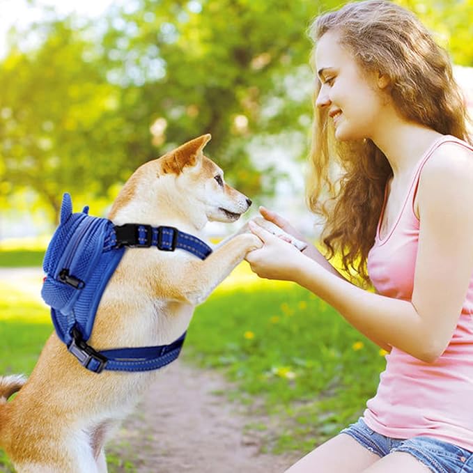Dog Harness with Backpack, Adjustable Dog Backpack Harness for Small Medium Dogs, No-Pull Breathable Backpacks for Dogs to Wear, for Traveling, Hiking, Camping, Training, Blue M