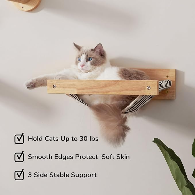 FUKUMARU Hammock Wall Mounted Cat Beds and Perches, Wooden Kitten Walls Furniture, Stable Cats Shelves for Sleeping, Playing, Climbing, and Lounging, Black Stripe
