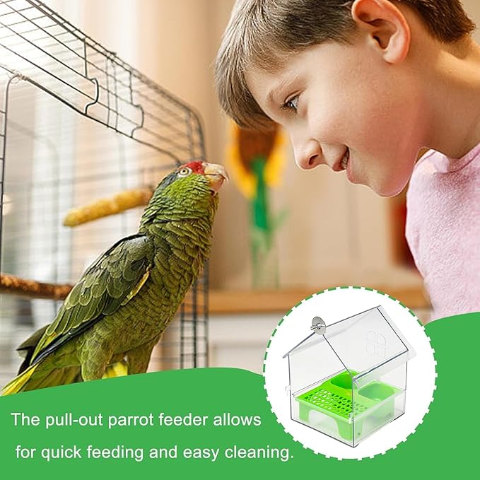 Pull-Out External Parrot Feeder, Clear Hanging Bird Feeder House, No Mess Bird Feeders for Cage, Birds Feeding & Watering Supplies for Parakeet Canary Cockatiel Finch (Green)