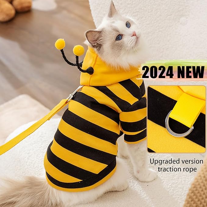 DENTRUN Sphynx Hairless Cats Costume Funny Bee Warm Winter Sweater Cute Pullover Kitten Shirts Breathable Cat Leisure Wear Turtleneck Vest Adorable Cat's Clothes Jacket Pajamas Jumpsuit, M