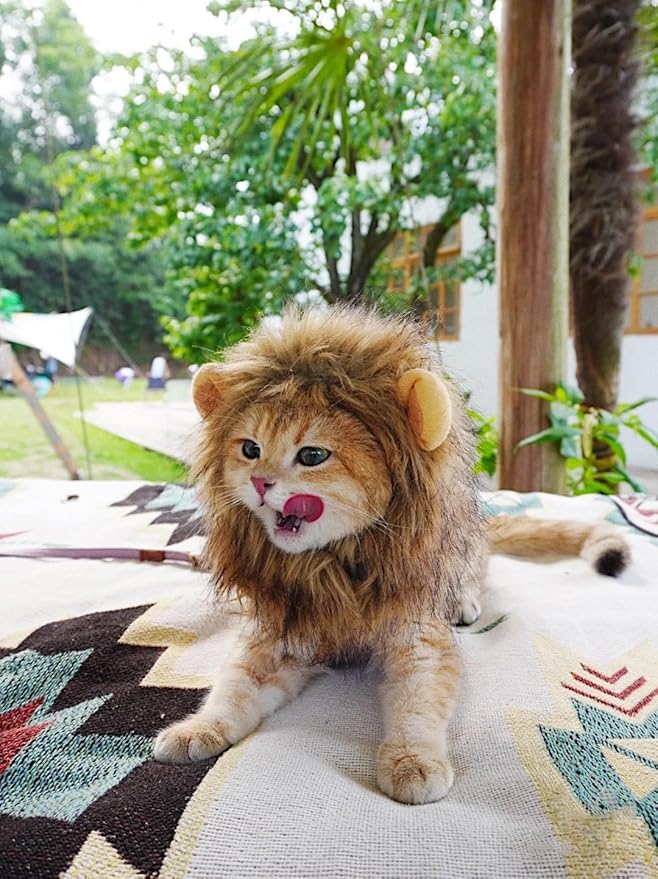 Lion Mane Wig for Cat Costume Pet Adjustable Washable Comfortable Fancy Lion Hair Cat Clothes Dress for Halloween Christmas Easter Festival Party Activity (Large, Brown)
