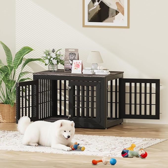 42" Heavy Duty Dog Crate Furniture for Small,Medium and Large Dogs,Rustic Wooden Dog Cage Kennel Indoor Furniture with Waterproof Top,Decorative Pet House Side End Table (Black & Grey)