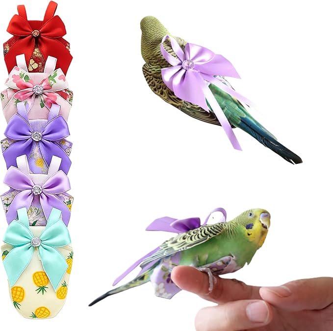 6pcs Bow Bird Diaper Set, Soft Reusable Flight Suit Clothing for Parrots Budgies Cockatiels — Cleaner Indoor Bonding & Training(S)