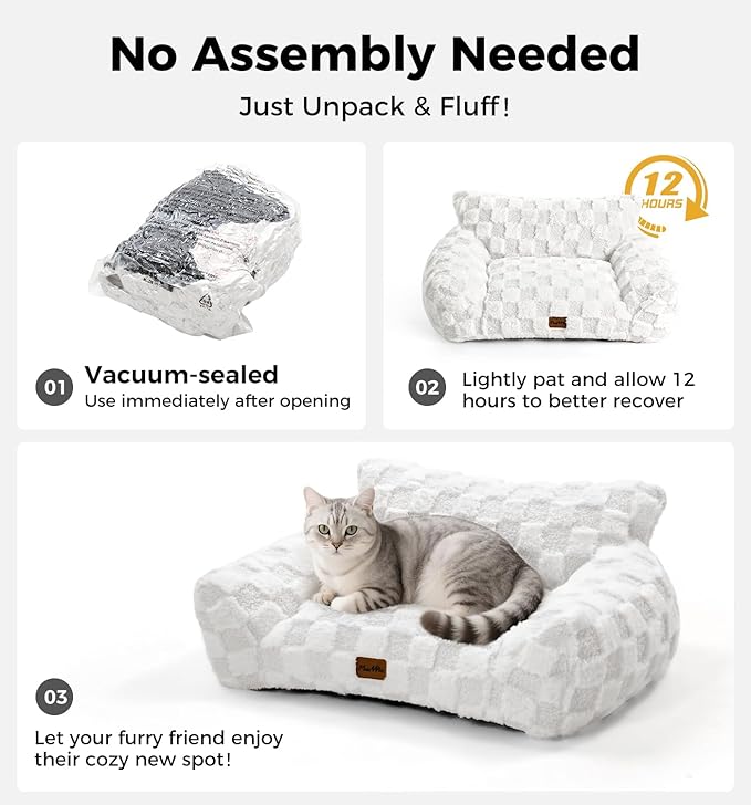 Made4Pets Dog Couch Bed, Soft Faux Fur Checkered Indoor Pet Sofa, Comfortable Fluffy Dog Sofa with Supportive Foam, Removable Washable Cover with Non-Slip Base, Grey, Large