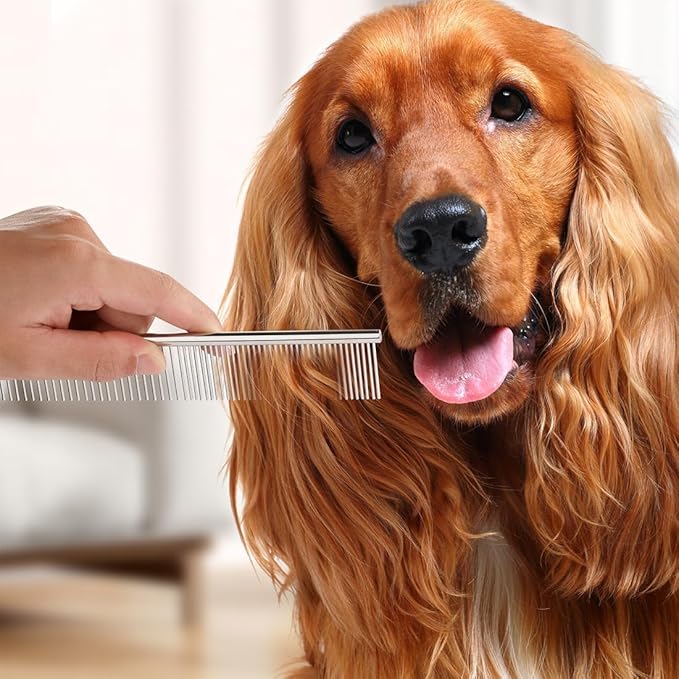 QUMY Dog Comb for Dematting, Stainless Steel Pet Grooming Comb, Removes Dead, Matted or Knotted Hair, Finishing and Fluffing, Comfort-Grip Handle - Pack of 1