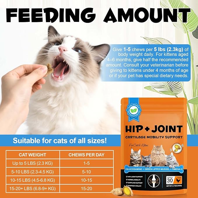 Cat Hip & Joint Health Chews – Cat Joint Support Supplement with Glucosamine, Green Lipped Mussel & Omega-3 – Supports Mobility, Flexibility & Cartilage Function (Chicken Flavor, 30-Day Supply)