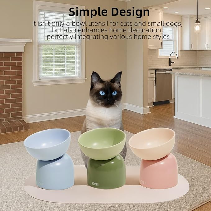 Elevated Ceramic Cat Food Bowl - 5.5" Wide Dish for Whikser Friendly, 6.6" Height for Easy Feeding, Lead & Cadmium Free, Durable Raised Cat Food Bowls, Blue