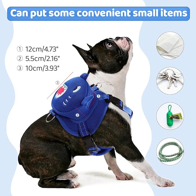Dog Harness with Backpack, Adjustable Dog Backpack Harness for Small Medium Dogs, No-Pull Breathable Backpacks for Dogs to Wear, for Traveling, Hiking, Camping, Training, Blue M