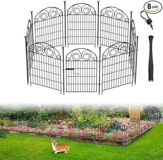 Tall Garden Fence Animal Barrier with Gate, 36 in(H) 8 Panels Garden Fences and Borders for Dogs, Dog Fence Outdoor for Yard, Total Length 17.5 Ft Metal Temporary Fencing│Patented