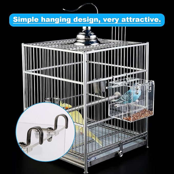 No Mess Bird Feeder for Cage - Automatic Bird Feeder Transparent Food Container Acrylic No Spill Cage Seed Catcher with Stainless Steel Hooks for Parrot Parakeet Cockatiels Lovebirds