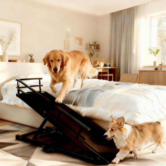 CypherX Dog Ramp for Couch or Bed, 18" W Folding Wooden Pet Ramp with Anti-Slip Rubber Mat & 3 Removable Safety Side Rails, 6 Adjustable Height from 17" to 29" for Small & Large Dogs & Cats