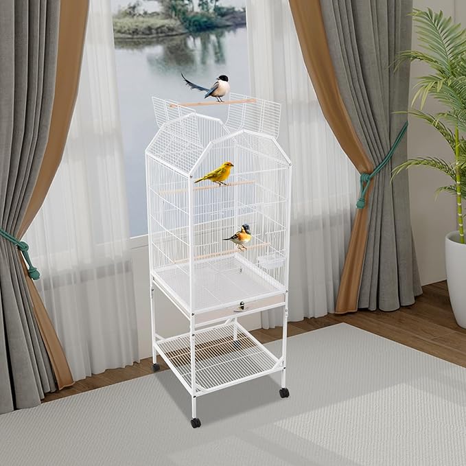 Large Bird Cage, Movable Pet Bird Flight Cages with Wheels, Wooden Perches, Slide-Out Tray, Panorama Bird Aviary with Stand 18.11x18.11x53.54in for Parrot, Sparrow, Budgerigars (White Style1)