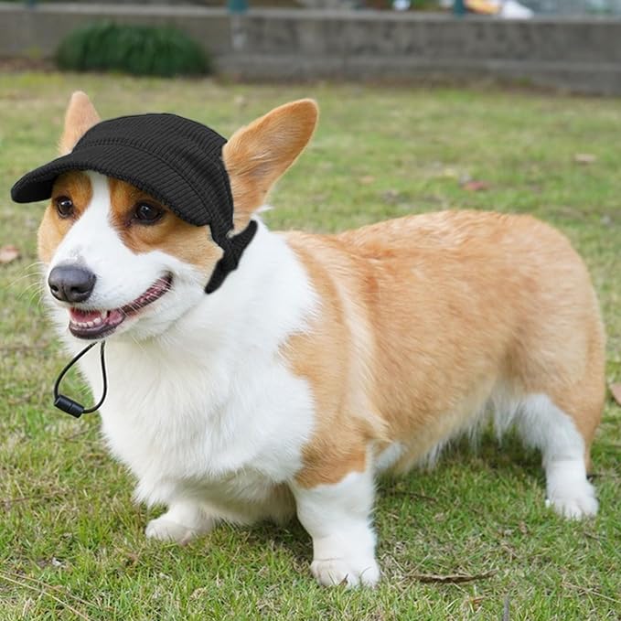 Dog Baseball Cap, Dog Cat Summer Beach Visor Hat with Ear Holes, Adjustable Puppy Sunbonnet Headdress (Black, Medium)