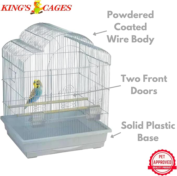 Kings Cages Model ES 2521 T Triple Top Bird Cage 25" x 21" x 30" Powder-Coated Non-Toxic Spacious Cage for Cockatiels Finches Parakeets Canaries and Similar Breeds (White)