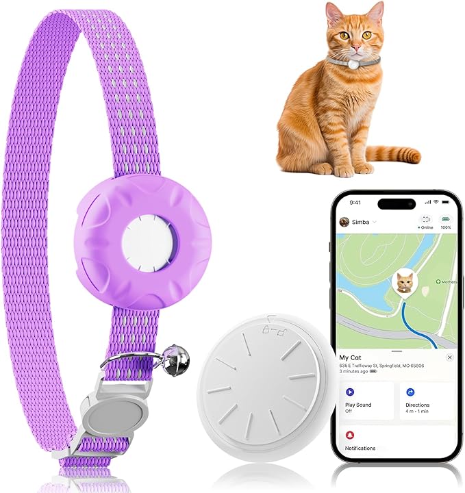 GPS Tracker for Cats, Cat GPS Tracker Compatible with Apple Find My App (Only iOS), No Monthly Fee Cat Tracker, Waterproof (White Tracker, Purple Cat Collar)