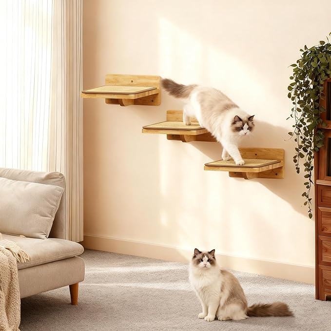 3Pcs 10"×8" Cat Wall Steps - Cat Stairs for Wall, Ladder Natural Wood with Fixtures,Turn Around or Climbing or Playing for Kittens and Adult Cats